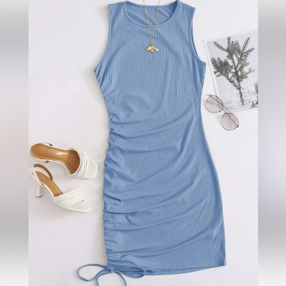 Ribbed Ruched Drawstring Bodycon Dress in baby blue size medium (6)
